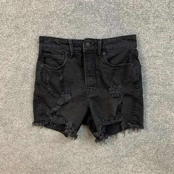 Good American Shorts Women 00 Black Denim Bombshell Distressed Button Fly Pocket - Picture 2 of 11